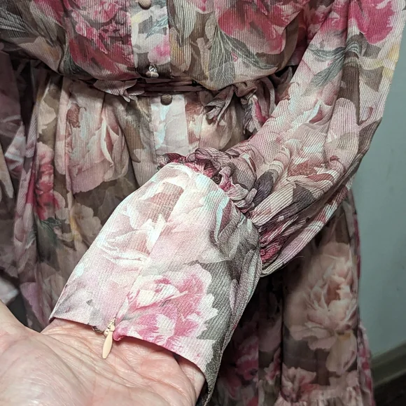 Alex Marie Lana Floral Print Long Puffed Sleeve Mock Neck Tiered Hem Dress